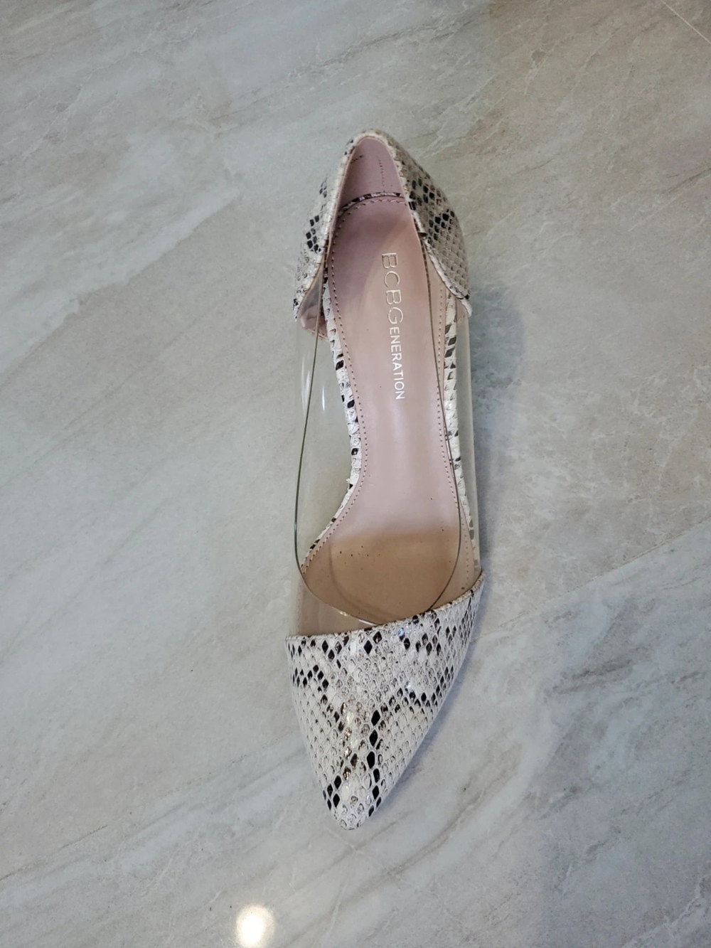 BCBGeneration Snake-Print Pointed Pump with Clear Sides in White and Black